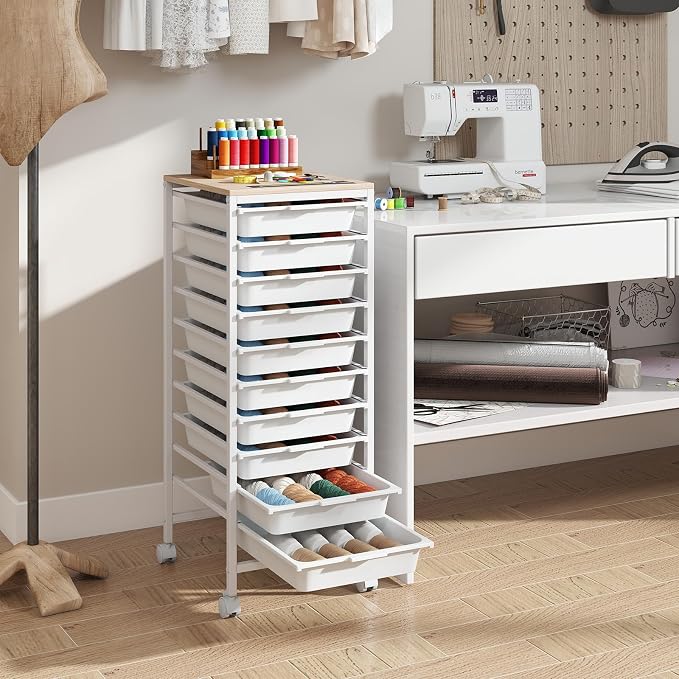 Giantex Rolling Storage Cart with 10 Drawers, Utility Cart w/Wooden Tabletop, Lockable Wheels, Multipurpose Organizer for Art Craft Books Paper, Drawer Carts for Dorm Classroom Office, White - Image 5