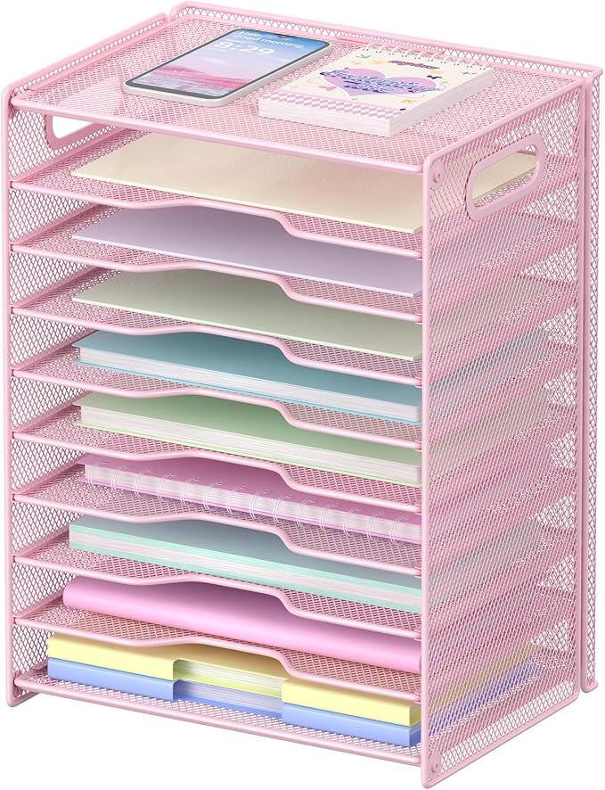 OUTWOLF 10 Tier Paper Organizer - Letter Tray Mesh Desk File Organizer with Handles for Office School Desktop, Pink by OUTWOLF