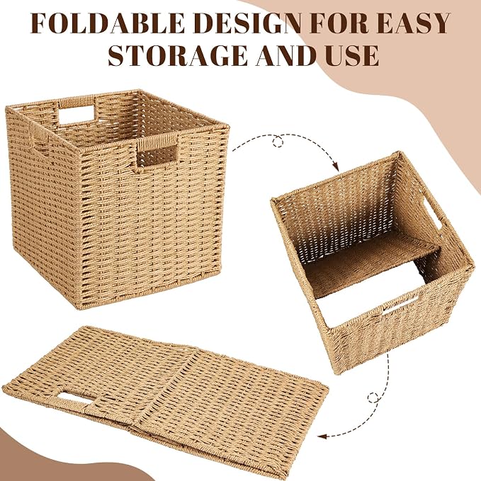 6 Pcs Wicker Storage Baskets 11.8 x 11.8 in Cube Storage Bin Organizer Camel Square Foldable Wicker Baskets for Shelves Organizing Decor Laundry Pantry Toys - Image 3