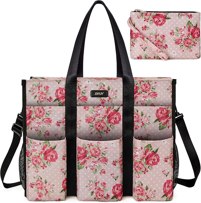 IBFUN Utility Tote Bag with 24 Pockets, Large Teacher Travel Tote for Women | Large Work Tote Bag 2pcs with Zipper for Travel Daily School Teacher Nurse, Large Lightweight Laptop Shoulder Bag Handbag by IBFUN