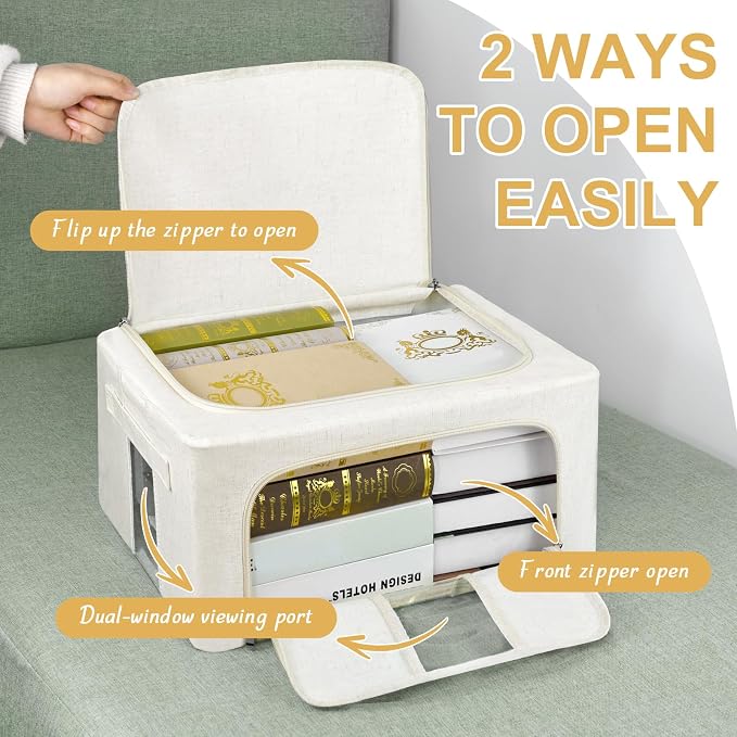 3 Pack Clothes Storage Bins with Metal Frame,Foldable Storage Bin with Lid for Clothes,Stackable Cotton Linen Fabric Organizer Set with Carrying Handles and Clear Window(Beige, 24L) - Image 3