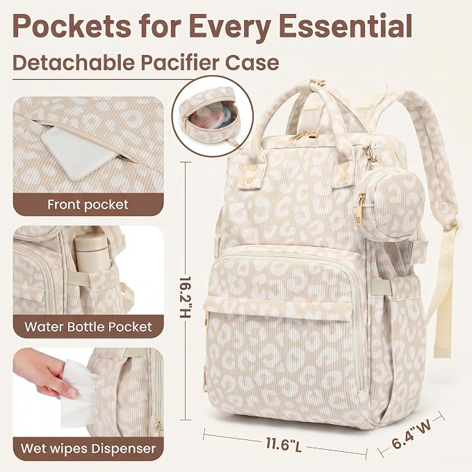 Baby Diaper Bag Backpacks for Mom Dad, Corduroy Large Capacity Multifunction Nappy Bag with Pacifier Case, Baby Travel Essentials Diaper Backpack for Boys Girls - Leopard Khaki - Image 4