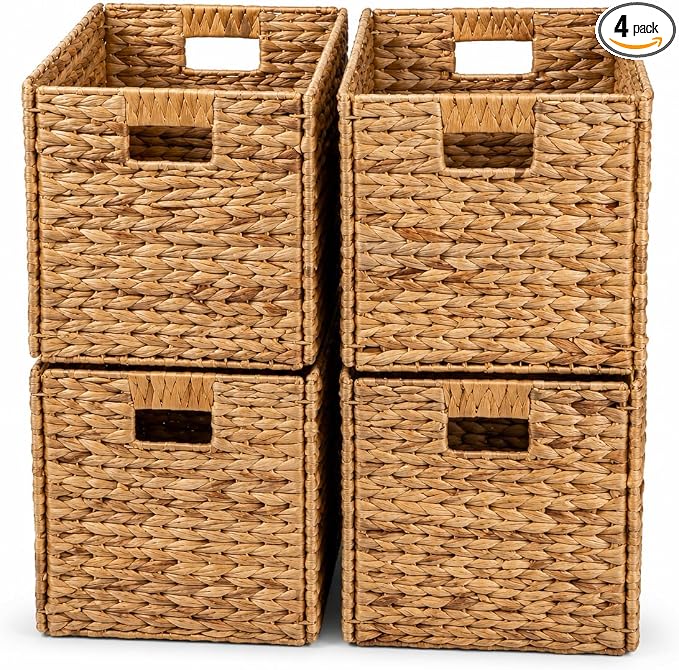 4 Hand-Woven Wicker Storage Baskets 13x11x11in, Water Hyacinth Shelf Bins | ECO-FRIENDLY & SUSTAINABLE by Westerly