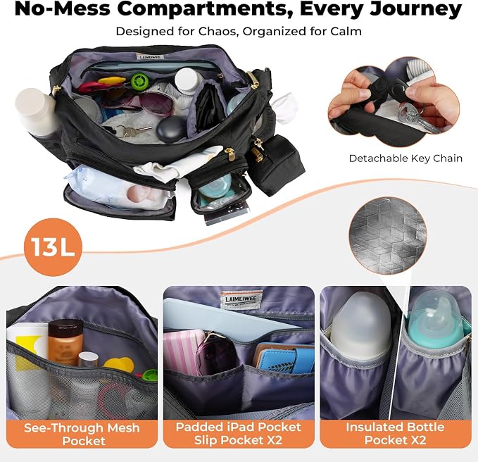 Puffy Crossbody Diaper Bag, 2-in-1 Stroller Caddy & Mom Purse, 13L Lightweight Travel Duffle Bag for Baby, Work Commute, Gym, Labor Delivery (Black) - Image 7