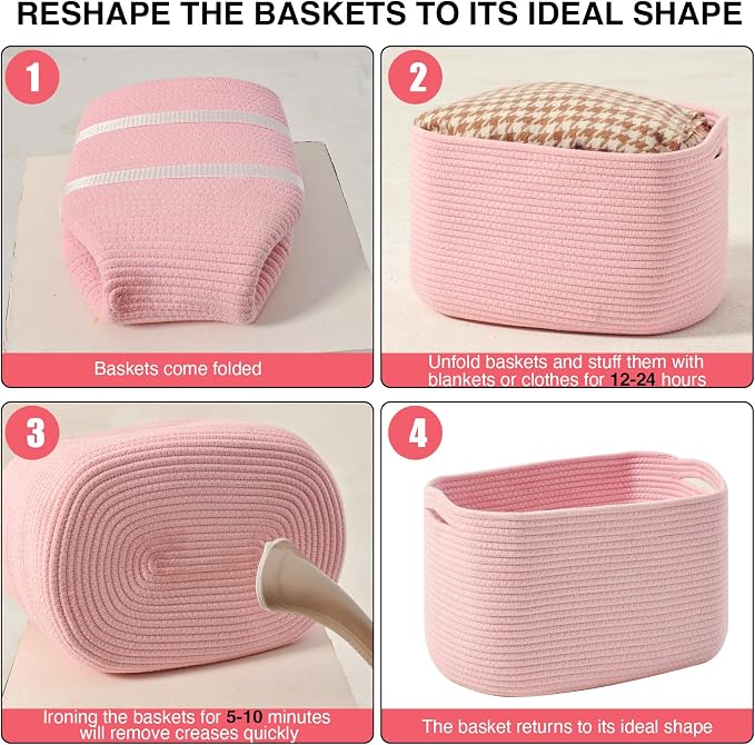 ICERZCZ Storage Baskets for Organizing Shelves, Pink Basket for Nursery, Woven Cotton Rope Baskets for Storage, Towel Basket for Bathroom, 15"x11"x9.5", 3 Packs, Light Pink - Image 7