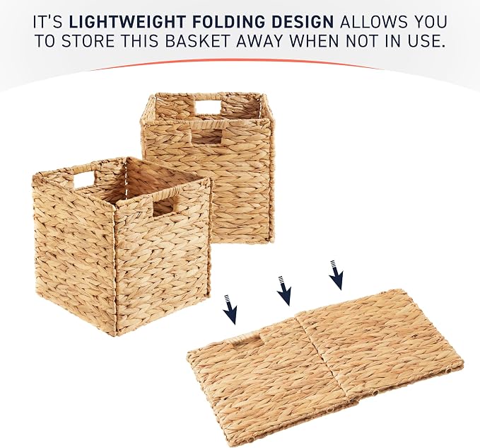 Ornavo Home 13x13 Water Hyacinth Storage Baskets Set of 8, Natural | Handwoven Collapsible Wicker Cube Bins with Handles; Ideal for Bathroom, Bedroom, Laundry or Pantry - Image 7