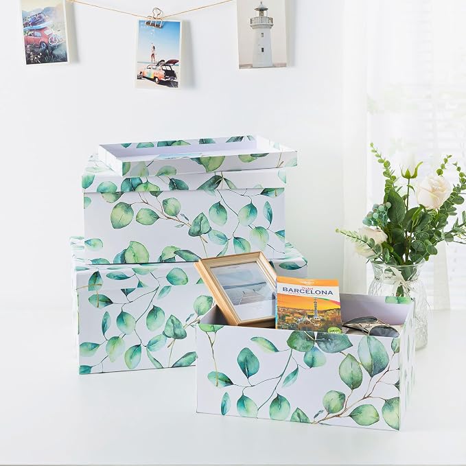 Soul & Lane - Eucalyptus Decorative Storage Boxes with Lids, Set of 3 | Large Nesting Cardboard Keepsake Boxes for Memories, Photos and Gifts, Pretty Leaves Print Containers for Home Decor - Image 6