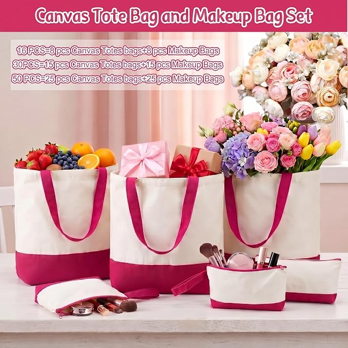 Sanwuta 30 Pcs Canvas Tote Bags Bulk with Zipper Cosmetic Pouch,Rose Red | 18.5" Reusable Cotton Shopping Bag with Handle for DIY Craft - Image 6