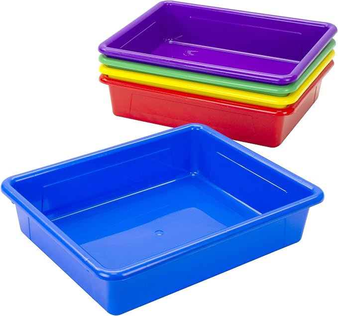Storex Letter Size Flat Storage Tray – Organizer Bin with Non-Snap Lid for Classroom, Office and Home, Assorted Colors, 5-Pack (62534A05C) - Image 4
