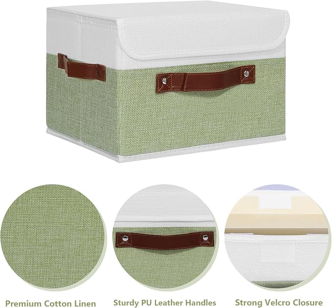 ANMINY Fabric Storage Box Bins with Lids, Green White, 15"x10"x10" | Keepsake Memory Storage, Cotton Linen, PP Board Reinforced, Washable, PU Handles, Foldable & Stackable, Decorative, Large - Image 2