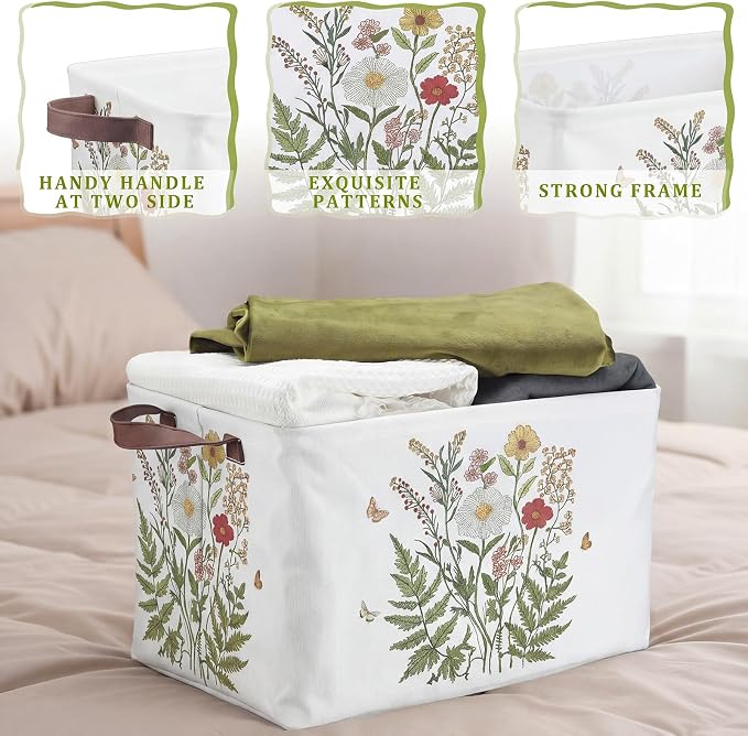 Fourluoo 6 Pack Floral Storage Basket with Handles Clothes Storage Basket Bin Foldable Box Bins Organizer for Closet Shelf Nursery Kid Room Book Toy Chest(6,Wildflower) - Image 5