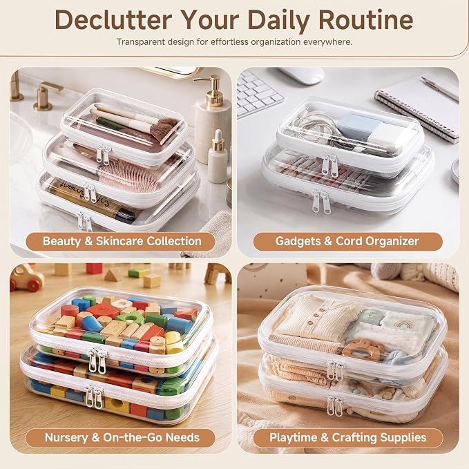 5 Pack Clear Hard Shell Zipper Case Diaper Organizer | 1.0mm Hard Shell, Upgraded Large Zipper Pulls, Clear Travel Pouches, Smooth Zipper Closure, Holds Shape - Image 3