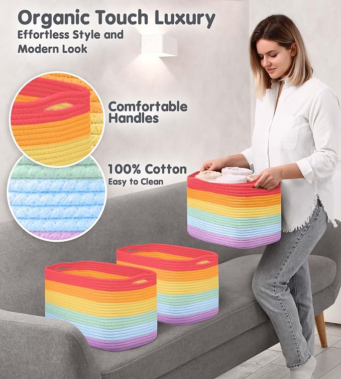 CHAT BLANC Cotton Rope Baskets for Organizing, Shelves, Toys, Storage, Shoe, Bathroom, Laundry, Towel, Nursery, Home Decor, Blanket, Cloth Woven Bins Fabric (Rainbow, 15"x10"x9") - Image 3