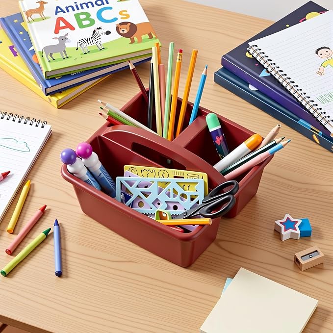 Kathfly 4 Pack Classroom Caddy Organizer with Handle, Plastic Art Craft Cleaning Caddy Bulk, Small Multipurpose Supply Organization Storage Basket for Table Desk Office Pencil Teacher (Deep Color) - Image 7