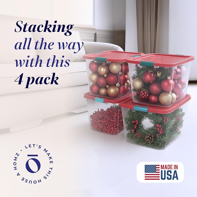 HOMZ Holiday Tote Plastic Storage Bin with Lid, 31 Qt, Clear/Red, 4 Pack | Large Stackable Organization Container for Home, Garage, and Office Organization - Image 2