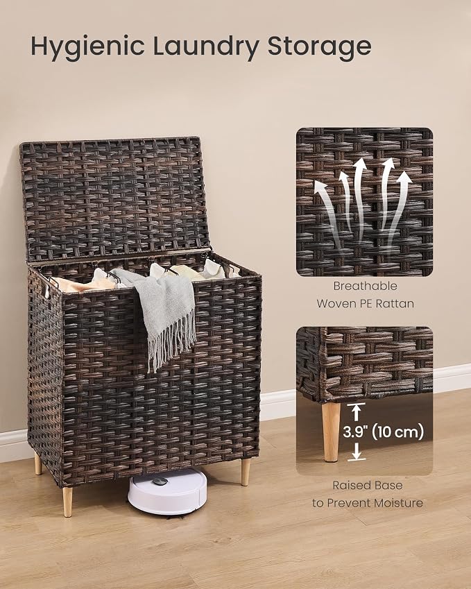 SONGMICS 3-Section Laundry Hamper with Lid, 42.2 Gal (160L) PE Rattan Laundry Basket with Removable Washable Liners, for Bedroom & Living Room, Chestnut Brown ULCB223ME01 - Image 5