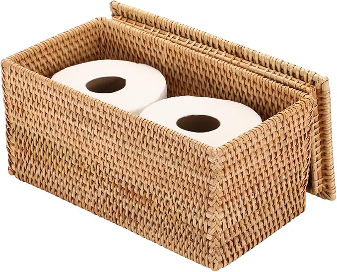Hipiwe Rattan Basket Storage Box with Lid Handwoven Lidded Wicker Baskets | Decorative Baskets Bin Rectangular Household Baskets for Shelf Organizing Home Decor, 11.8"Lx6.2"Wx6.1"H - Image 8