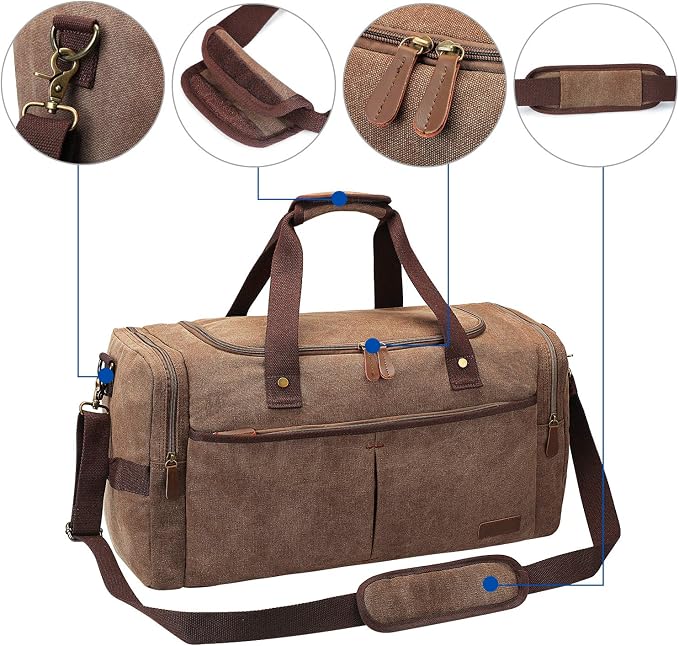 S-ZONE Canvas Duffel Bag for Travel Weekender Overnight Travel Bags for Men | Cotton Canvas, 45L Large Size, Shoes Compartment,Multi-Pocket, Removable Shoulder strap for Gym or Business, Coffee - Image 5