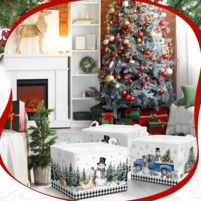 CHENGU 6 Pack Winter Storage Basket Collapsible Winter Basket for Gifts Buffalo Plaid Holiday Decor Large Snowman Bin Foldable Tree Box with Handle for Bedroom Office Home - Image 4