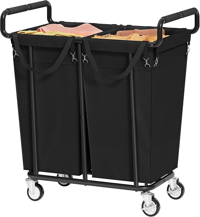 Gewudraw 2 Bag Laundry Hamper with Wheels Medium Size, 250L, Black | Rolling Laundry Basket, Steel Frame, Removable Liner, Heavy Duty Rolling Laundry Cart with Handle for Laundry Room, Bathroom by Gewudraw