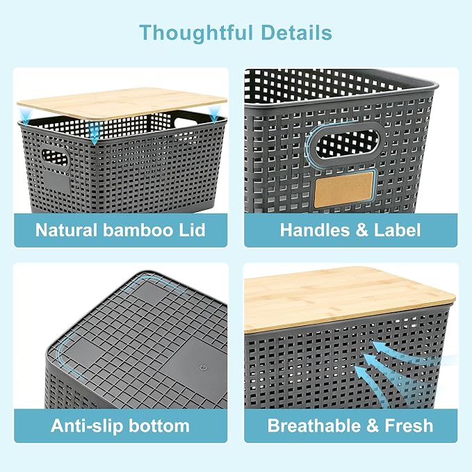 2 Pack Tall Plastic Storage Bins with Bamboo Lids, 10.8qt Stackable Storages Baskets for Organizing Desktop Closet Playroom Classroom Office, 12"L x 8.3"W x 6.1"H, Gray - Image 8