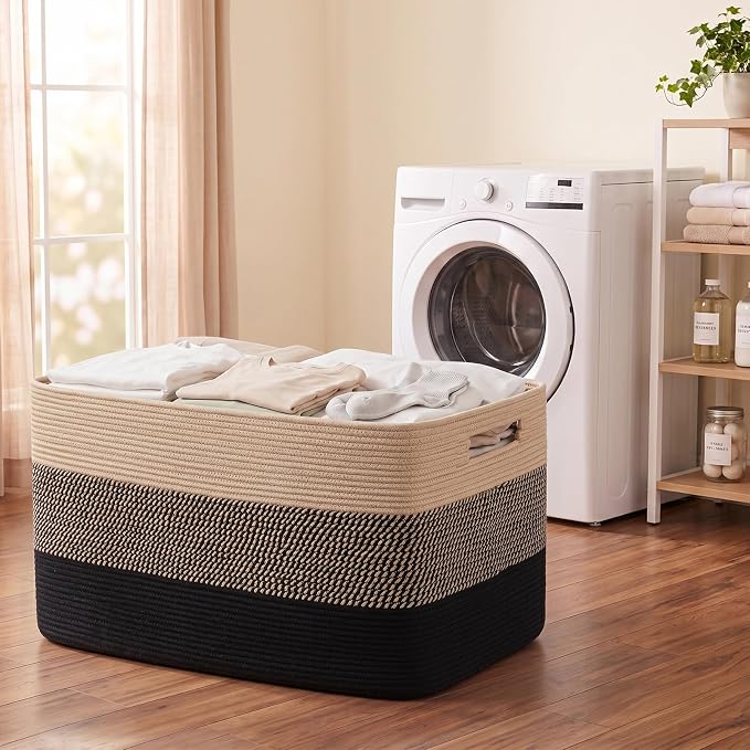 OIAHOMY 108L Extra Large Blanket Basket Dog Toy Basket Yellow Black | Rectangle Woven Baskets for Storage Cotton Rope Basket For Living Room Toy Storage Blanket Storage Laundry Basket - Image 6