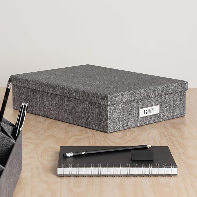Bigso Oskar Canvas Fiberboard Document Letter Box for Important Paperwork A4 or Letter Size - Durable Keepsake Box with Lid and Metal Label Holder - 3.3in x 10.2in x 13.8in - Melange Grey - Image 5