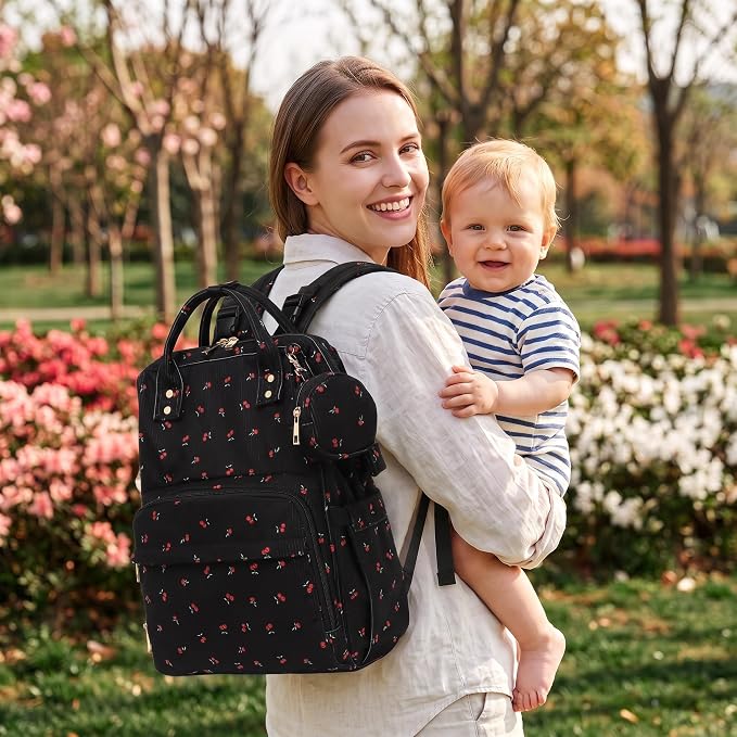 Baby Diaper Bag Backpacks for Mom Dad, Corduroy Large Capacity Multifunction Nappy Bag with Pacifier Case, Baby Travel Essentials Diaper Backpack for Boys Girls - Cherry Black - Image 2