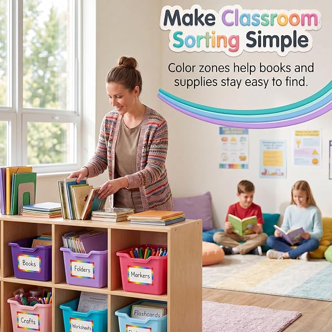 Funrous 12 Pack Book Bins for Classroom Library Plastic Cubby Storage Bins with Labels and Handles Stackable Toy Organizer Containers for Teacher Supplies Home Office Daycare Playroom (Purple Pastel) - Image 5