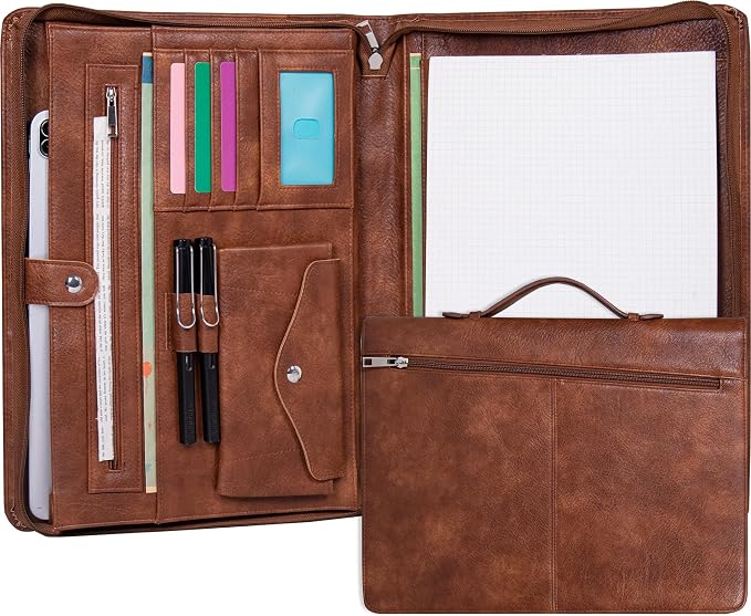 AZXCG Portfolio with Handle,Leather Padfolio for Men,Business Padfolio Organizer for Women,Portfolio Binder with Pockets Letter Size A4 Writing Pad Notepad by AZXCG