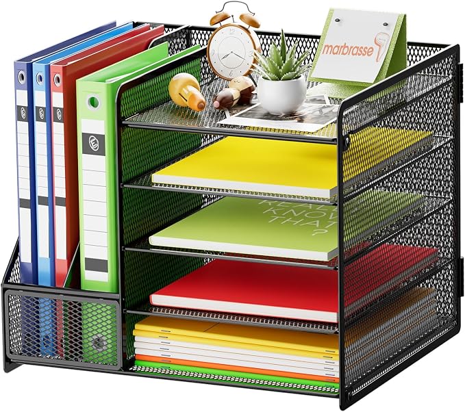 Marbrasse Desk Organizer with File Holder, 5-Tier Paper Letter Tray Organizer, Mesh Desk Organizers and Accessories with Magazine Holder, Desktop Storage for Office Supplies (Black) by Marbrasse