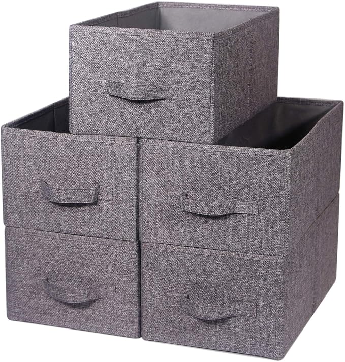 TENABORT Set of 5 Closet Organizer Bins with Handle, Fabric Foldable Storage Baskets Cloth Box Containers for Shelves Home Office Clothes Clothing, Gray, Large by TENABORT
