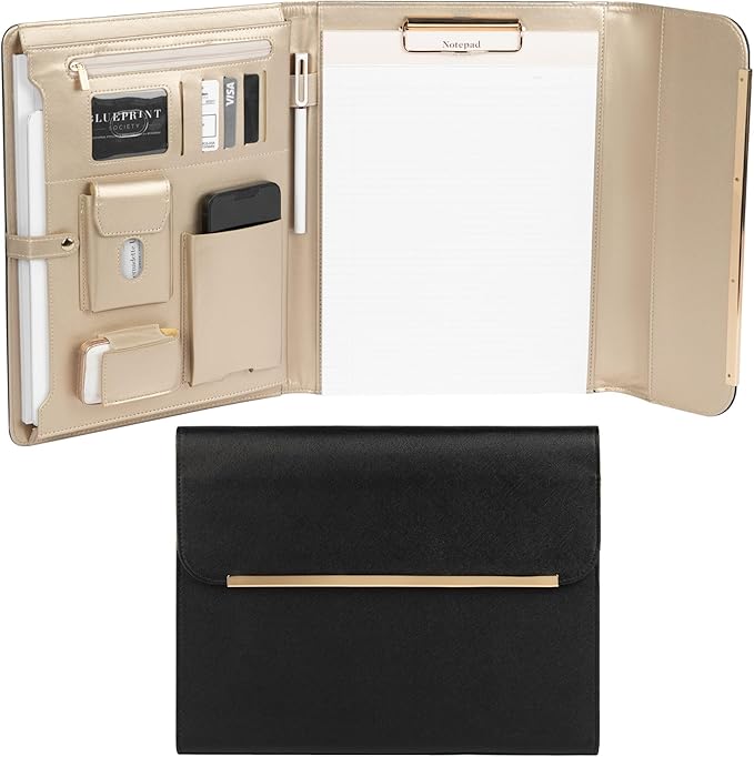 BLU MONACO | Black Vegan Leather Portfolio Binder for Women | Professional Padfolio with Magnetic Closure & Gold Trim | Business Organizer Case for Documents & 8.5 x 11 Notepad by Blu_Monaco