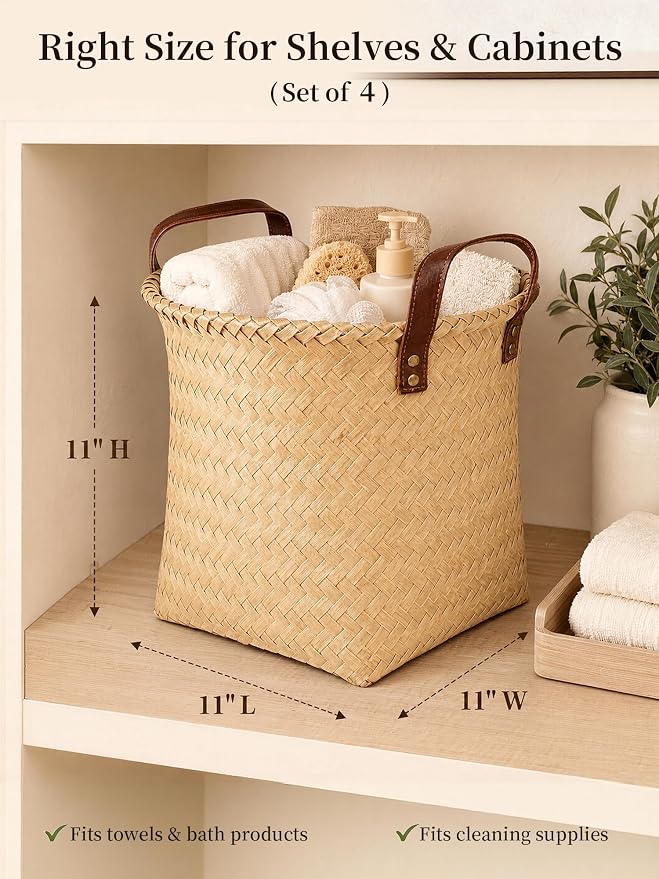 Wicker Storage Baskets, 4 Pack Woven Baskets for Shelves, Yellow | PP Rattan, Water-resistant Wicker Basket, Large Baskets with Faux Leather Handles for Blanket, Laundry Organizer, Room Decor - Image 2