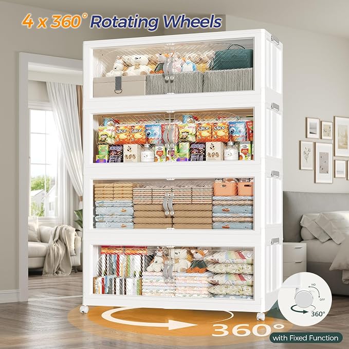 960QT Extra Large Stackable Storage Bins with Lid, 240Gal Plastic Closet Organizers and Storage Drawer, Collapsible Cabinet Box with Wheels Clear Doors for Home Kitchen Garage, 6Pack White - Image 5