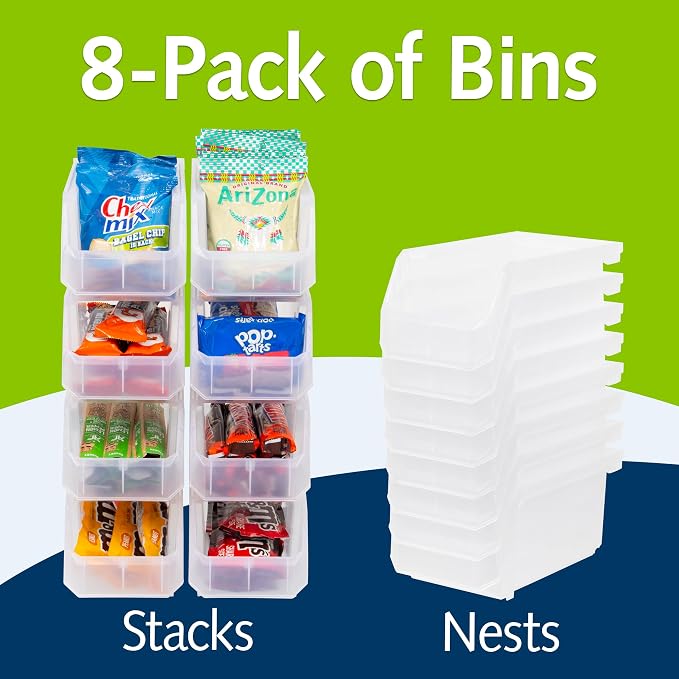 Medium Stackable Plastic Storage Bins, 8-Pack, Clear | Open-Front Stackable Bins For Garage, Pantry, Closet & Office, 11"L X 5,5"W X 5"H, Nests When Empty, Durable Plastic, - Image 2