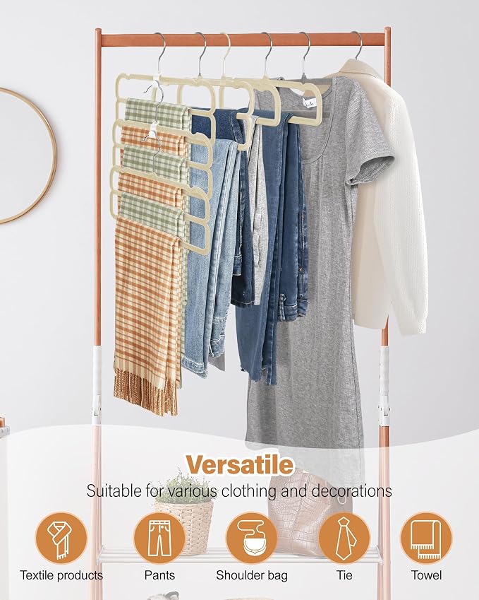 10 Pack Velvet Pants Hangers Space Saving, Non Slip 2-Layer Hanger (Beige) | Heavy Duty Flocked Trouser Hangers,pants organizer for closet with Swivel Hook, Felt Jean Hangers for Women and Men - Image 6