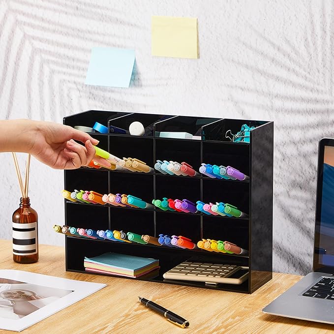 MotiMind Acrylic Pen and Marker Organizer for 200 Markers | 17 Compartments, Vertical Marker Pencil Organizer, Acrylic Pen Display Holder, Art Supply Storage for Desk Stationery, Clear - Image 4