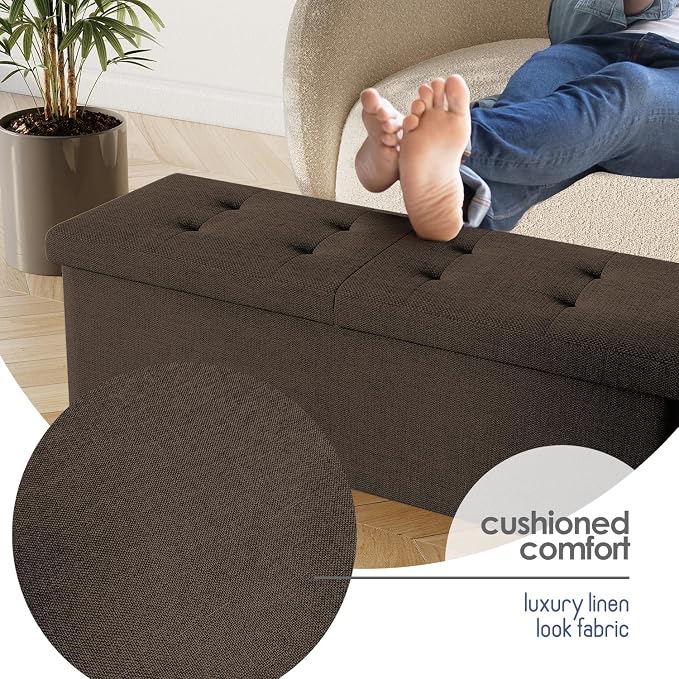 Storage Ottoman Bench with Bins, 43-in Storage Bench for Bedroom End of Bed, Folding Foot Rest Ottoman for Living Room Max 660lbs, Fabric Ottomans, Brown - Image 8