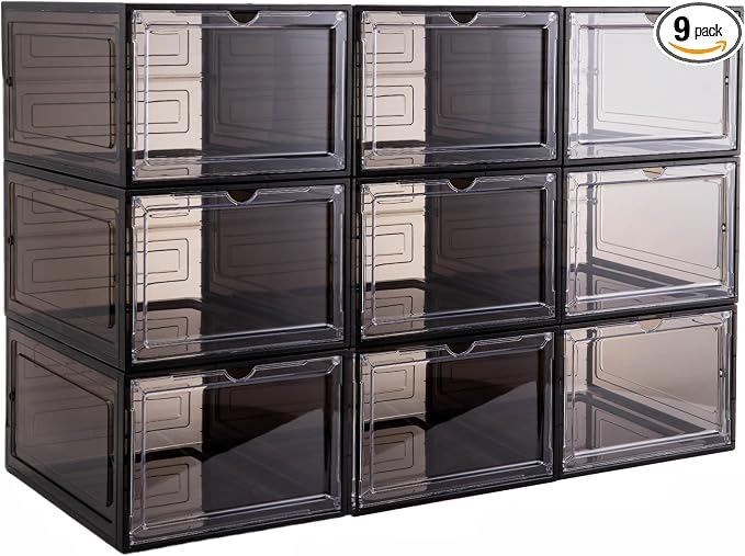 Attelite Clear Shoe Storage Boxes Stackable Shoe Organizer,Black,9Pack | Shoe Box for Entryway Closet,Drop Front Shoe Box X-Large,Thicken & Sturdy Plastic,Magnetic Door,Easy Assembly Shoe Cabinet by Attelite
