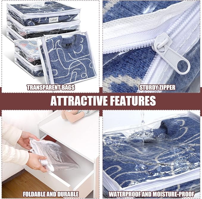 6pcs Clear Zippered Storage Bag Plastic Individual Sweater Storage Bag with Zipper Label Closet Clothing Organizer for Blanket Clothes Bed Sheet Comforter Quilt Pillow(14.2 x 12 x 3.2 Inch) - Image 3