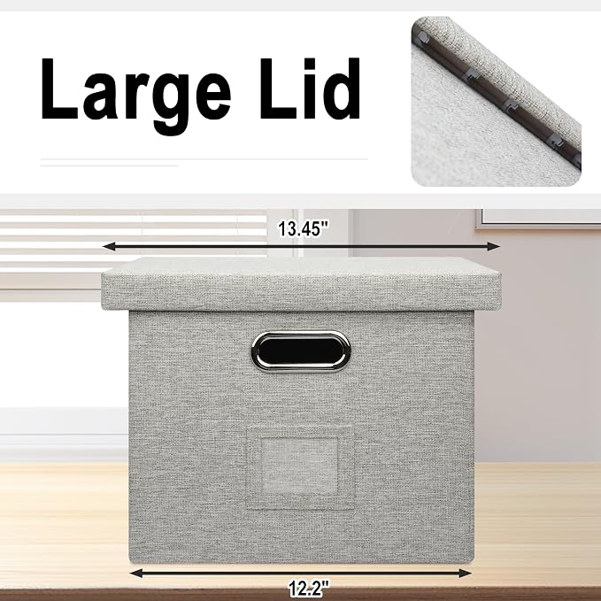 Storage Bins With Lids Office Organization File Folder Organizer Boxes | Beige, 4 Pack, 15.1" * 12.2" * 10.04", Built-In Handle, Collapsible, Stackable, Dustproof, Linen Fabric, Cardboards - Image 4