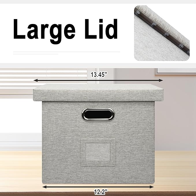 Storage Bins With Lids Office Organization File Folder Organizer Boxes | Beige, 2 Pack, 15.1" * 12.2" * 10.04", Built-In Handle, Collapsible, Stackable, Dustproof, Linen Fabric, Cardboards - Image 4