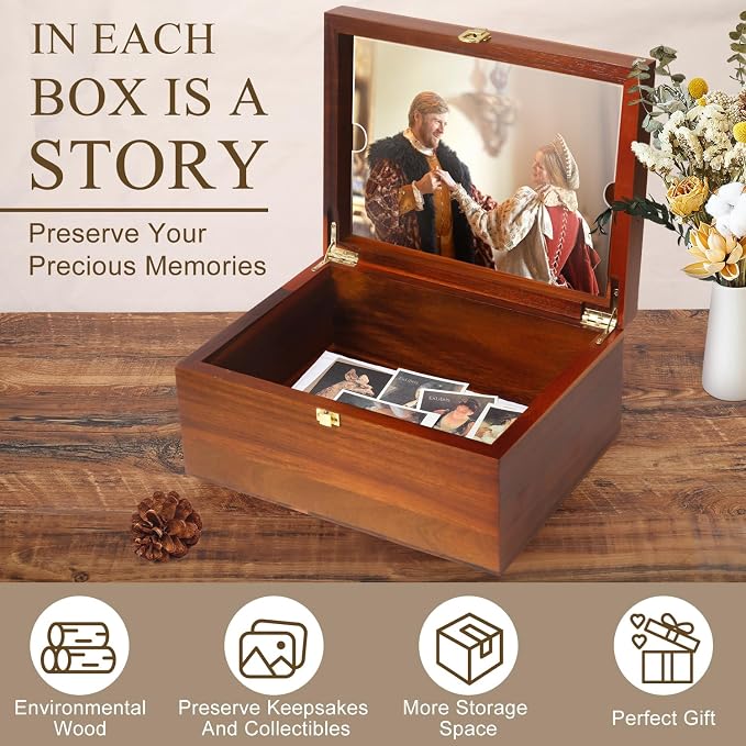 Large Wooden Keepsake Box with Hinged Lid and Photo Frame - Elegant Wedding Memory Box, Ideal for Photos, Letters, Time Capsules, Bride Gift, Decorative Storage，5.5“*8.6”*11.3“ - Image 2