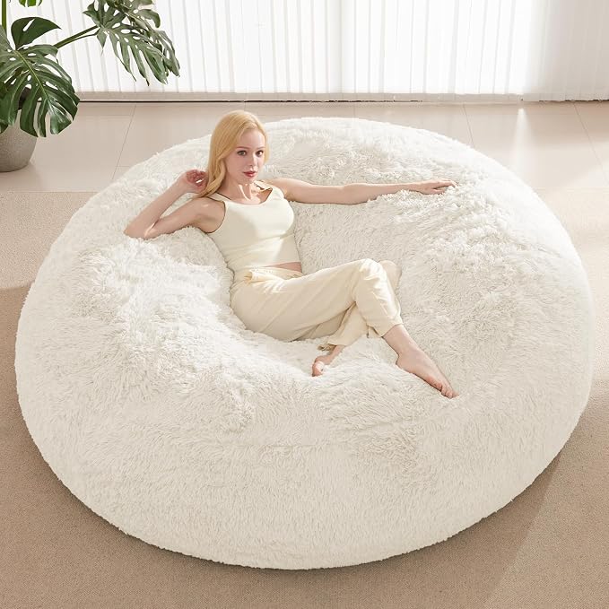 Bean Bag Cover (No Filler), Faux Fur Beanbag Chairs Covers Only, Stuffed Animal Storage Bean Bag, Giant Washable Beanbag Cover Without Filling, 5FT, White by ODreamyDogs