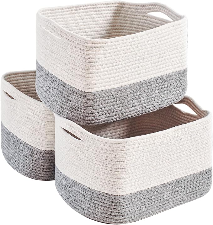 Grey Storage Baskets for Organizing Shelves, Woven Cotton Rope Baskets for Storage, Dog Toy Basket Storage Kids, Gray Shelf Basket, 14.8"×11"×9.5", Pack of 3, Off White & Grey by Unknown