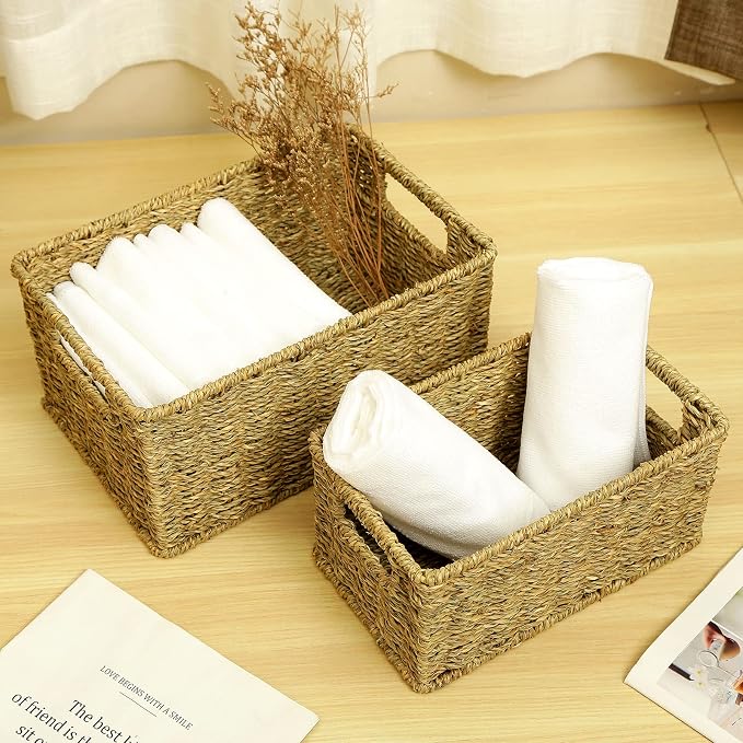 HOONEX Wicker Baskets for Storage, Seagrass Baskets with Dual Handles, Woven Baskets for Shelves, Set of 2, Natural - Image 3