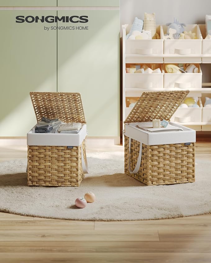 SONGMICS Laundry Hamper with Lid, 9.5 Gal (36 L) Synthetic Rattan,Foldable | Clothes Laundry Basket with Handles, Removable Liner, Goose Yellow, ELIOTT Collection ULCB136Y01 - Image 2