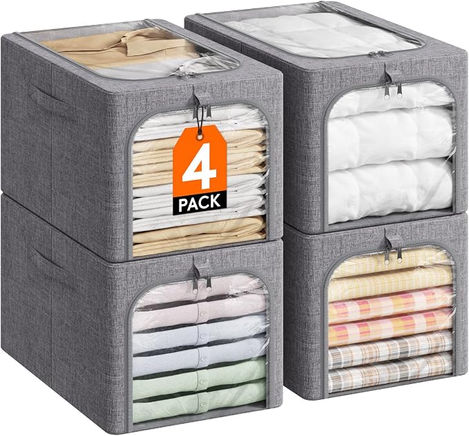 Lifewit Clothes Storage Bins with Metal Frame 4 Pack, Fabric Stackable Storage Bags with Lids, Zipper, Foldable Clost Organizers Containers for Clothing, Blanket, Winter Cloth, 40L by Lifewit