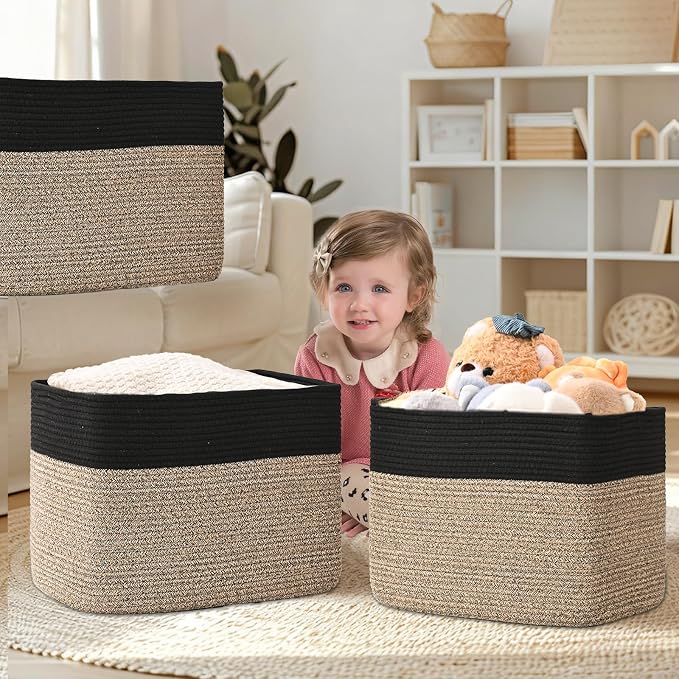 3 Pack Cube Storage Bin, 17”x12”x12” Cotton Rope Woven Baskets for Organizing Toys Clothes Towels, Square Gift Storage Baskets for Shelves, Nursery, Closet, Bathroom, Pantry (Black & Brown) - Image 2